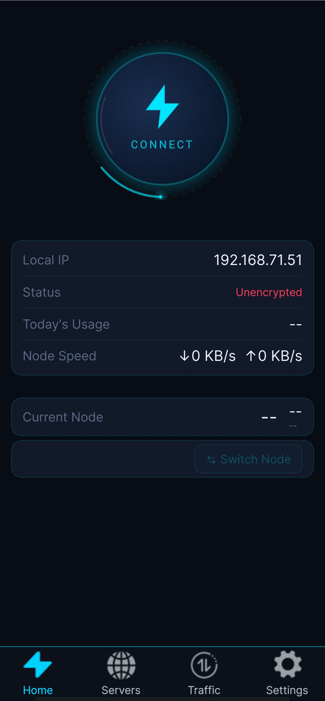 Home screen – disconnected state